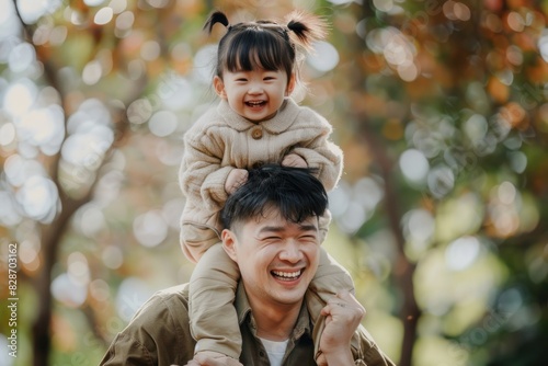 Father carrying his daughter on shoulders both smiling  photo