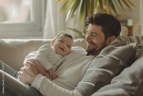 Cute baby boy in pajamas and his father smiling sitting on the sofa at home.