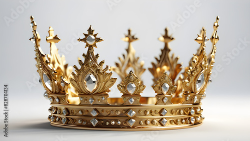 Golden crown, raised, opulent, massive, playful, many details, tapering, medieval, against a white background, Generative AI