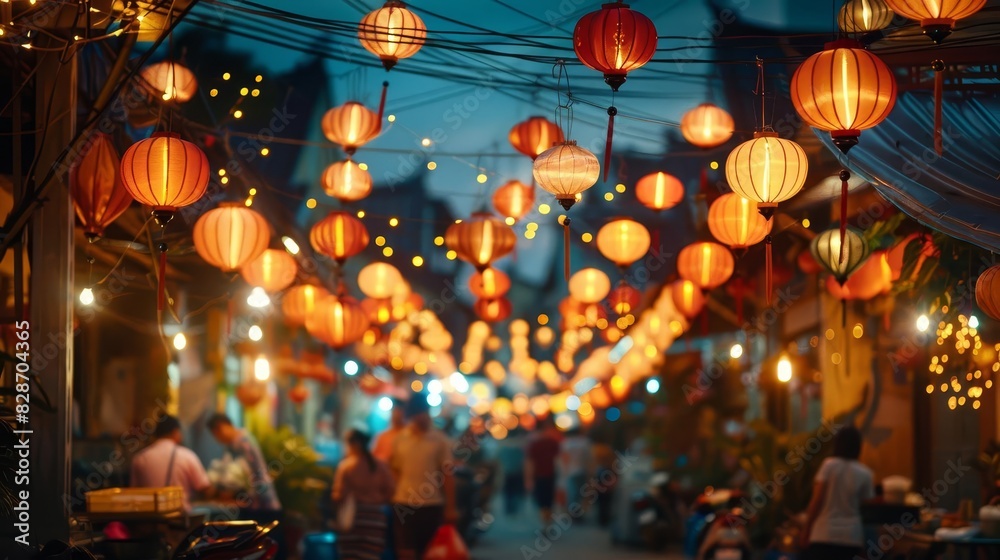 Lively local market at night, illuminated by hanging lanterns, with food vendors, lively music, and a crowd enjoying the festive atmosphere Lively local market at night, illuminated by hanging lanterns, with food vendors, lively music, and a crowd enjoying the festive atmosphere