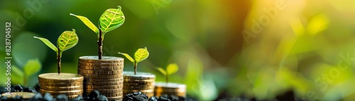 Growing plants on stacked coins symbolizing business investment and financial growth with a green nature background. photo
