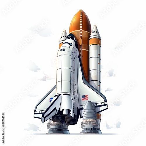 Space Shuttle and Rocket Isolated on White Background. Space Mission Spaceship Getting Ready to Launch.
