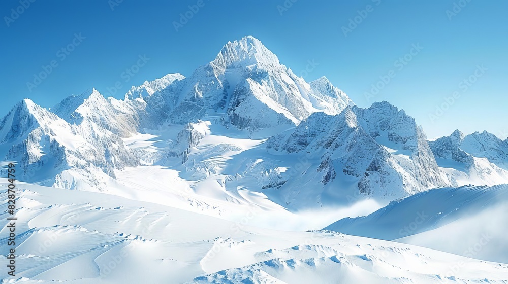 Majestic snowy mountains under a clear blue sky, with sharp peaks and a blanket of fresh, untouched snow glistening in the sunlight Majestic snowy mountains under a clear blue sky, with sharp peaks and a blanket of fresh, untouched snow glistening in the sunlight