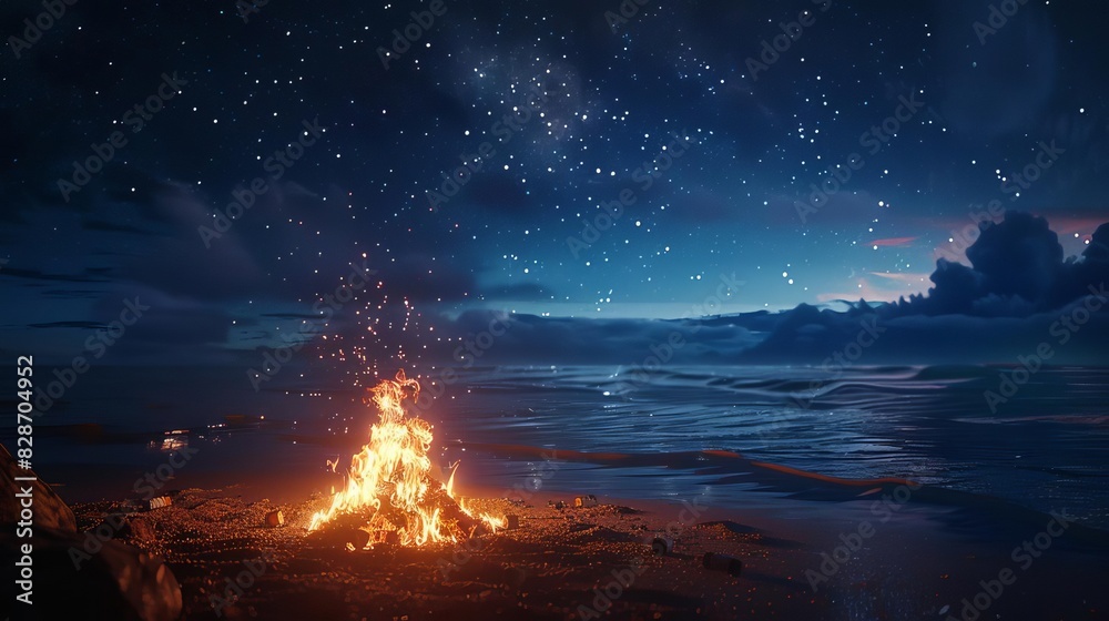 Nighttime beach bonfire with a group of people roasting marshmallows, starry sky overhead, and the sound of crashing waves in the background Nighttime beach bonfire with a group of people roasting marshmallows, starry sky overhead, and the sound of crashing waves in the background