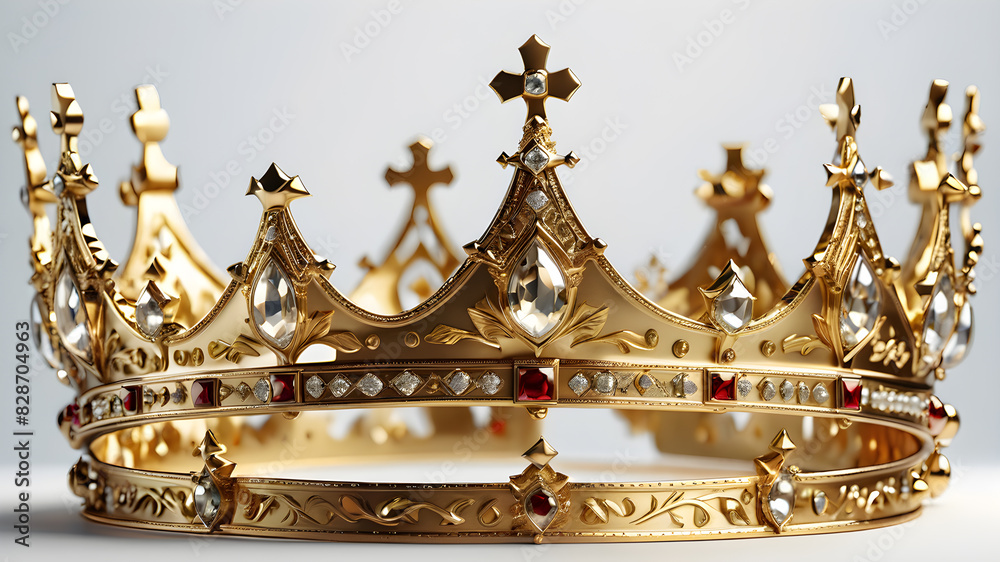 Golden crown, raised, opulent, massive, playful, many details, tapering, medieval, against a white background, Generative AI Golden crown, raised, opulent, massive, playful, many details, tapering, medieval, against a white background, Generative AI