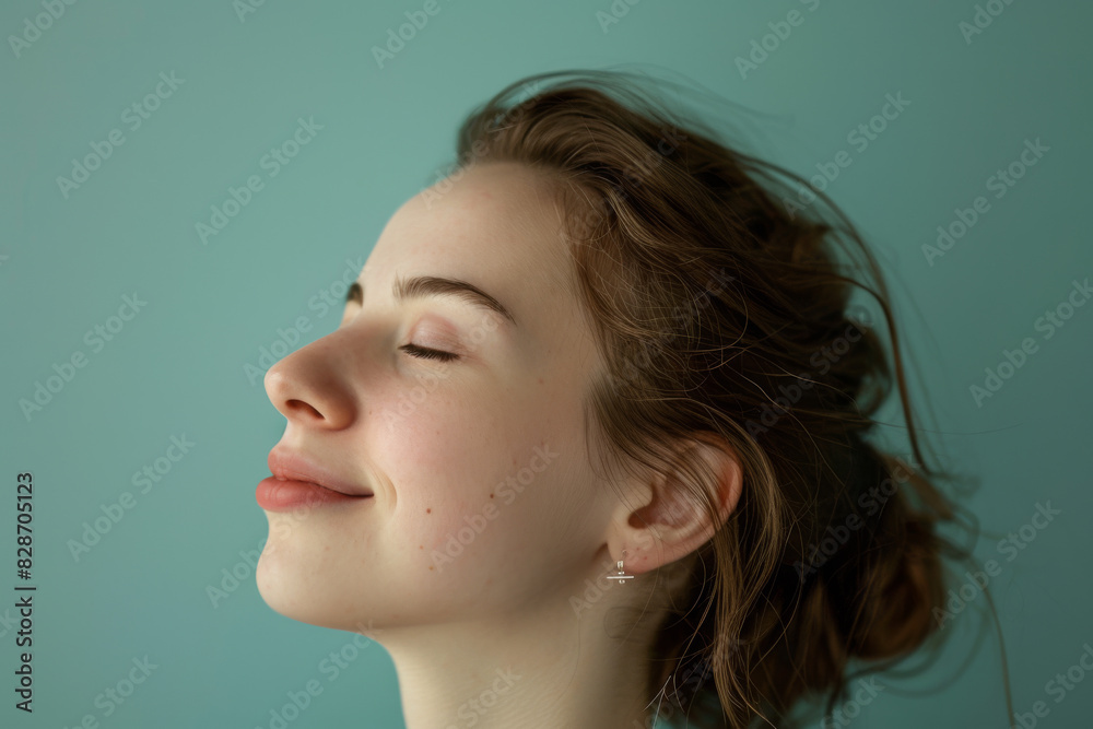 A close up of a woman's face with her eyes closed looking to a side