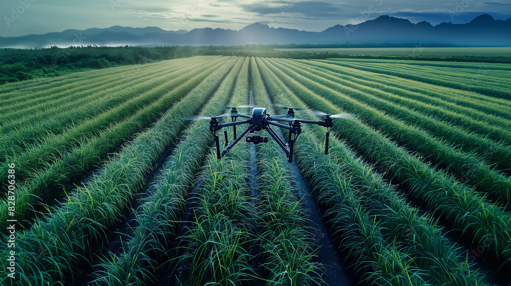 Fototapeta premium Agricultural drones, smart farms, spraying chemical fertilizers in rice fields, an innovation of the 3D smart farming concept, industrial operations.