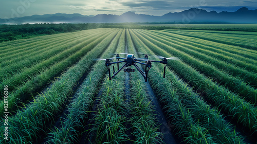 Agricultural drones, smart farms, spraying chemical fertilizers in rice fields, an innovation of the 3D smart farming concept, industrial operations.