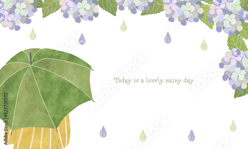 梅雨のポストカード（紫陽花と傘をさす女性）