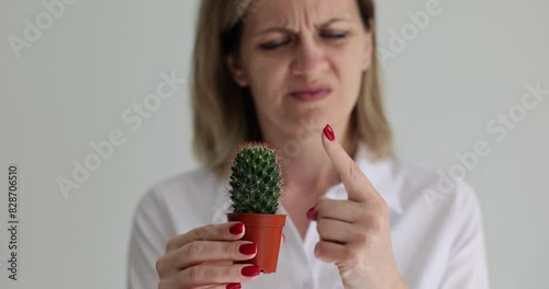 Prick of green prickly cactus and hand. Painful prick by cactus