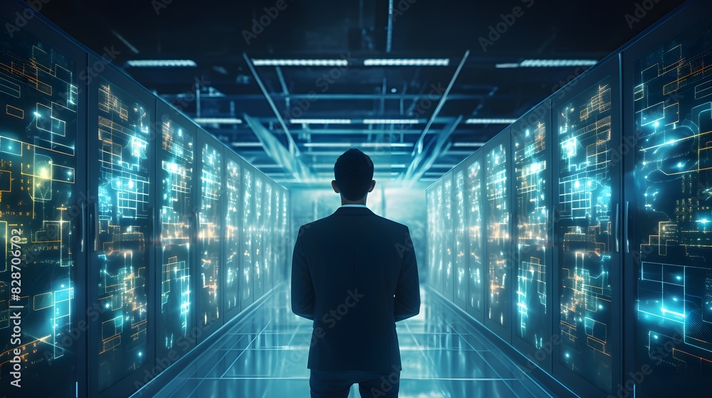 Businessman standing in futuristic data center with many server cabinets. Generative AI. Businessman standing in futuristic data center with many server cabinets. Generative AI.
