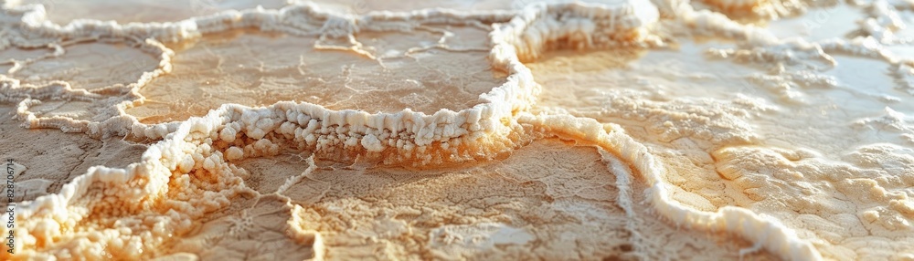 Macro graph showing the detailed designs created by salt as it dries up in a salt lake, highlighting the evaporation progression and mineral sediments. Macro graph showing the detailed designs created by salt as it dries up in a salt lake, highlighting the evaporation progression and mineral sediments.