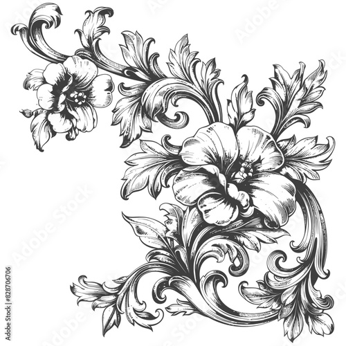 Baroque ornament for corner filigree floral element with engraving style