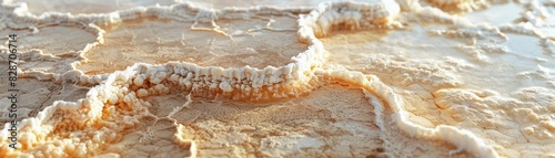 Macro photograph showing the detailed designs created by salt as it dries up in a salt lake, highlighting the evaporation progression and mineral sediments.