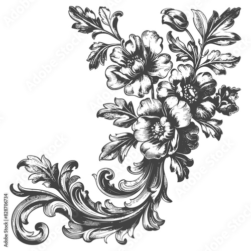 Baroque ornament for corner filigree floral element with engraving style