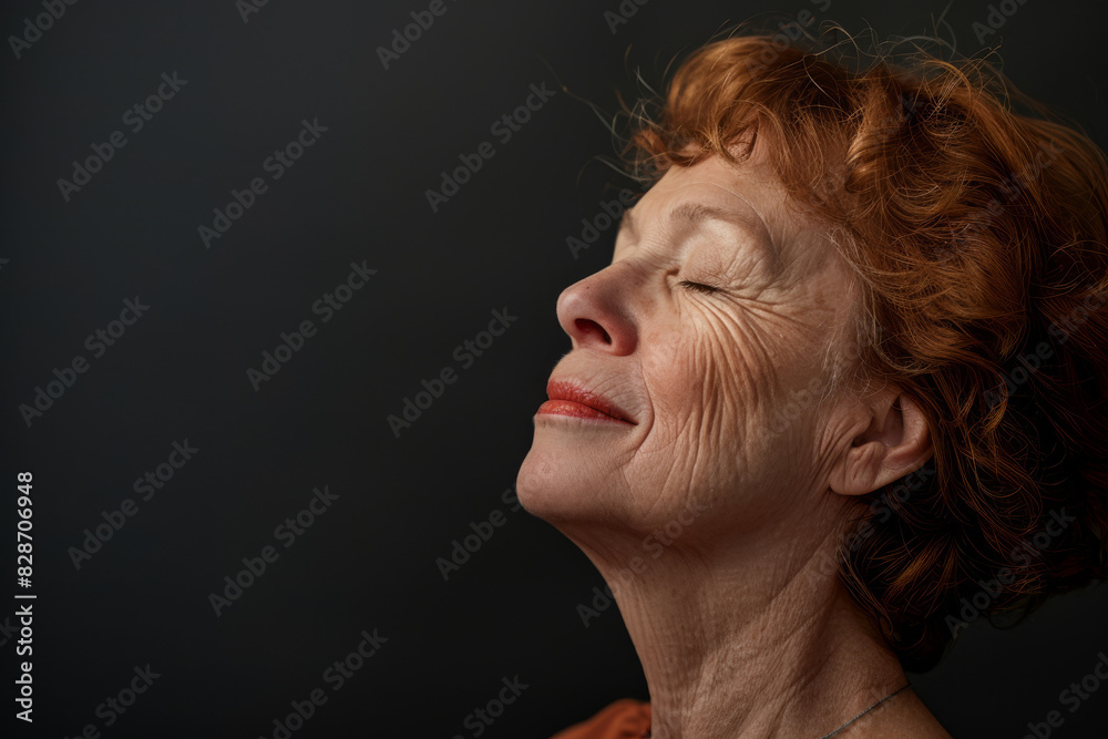A close up of a woman's face with her eyes closed looking to a side