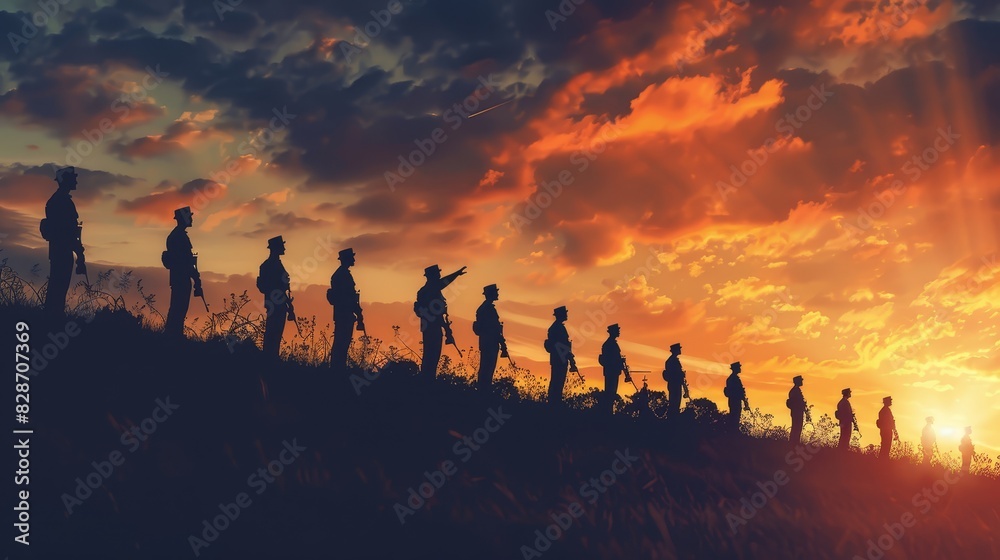 A veteran being saluted by a line of soldiers, recognizing their lasting impact, solemn tone, close up, Duty theme, photorealistic, Silhouette, national monument backdrop