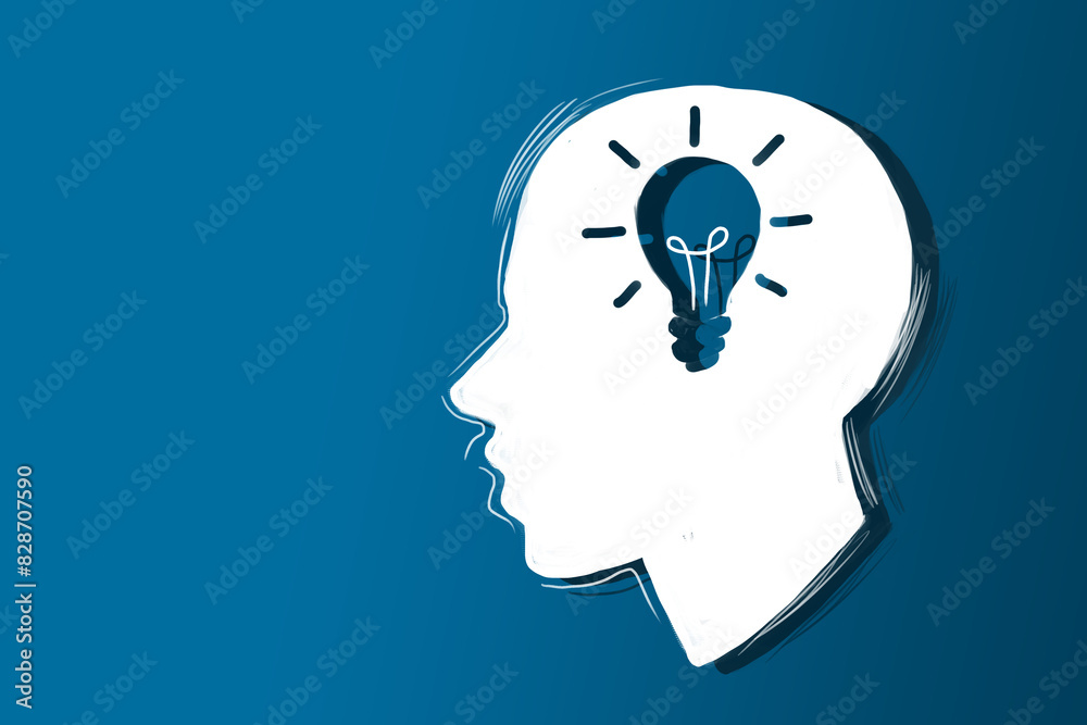 Silhouette of a human head with a lightbulb representing an idea, illustrated in a flat style on a blue background, concept of creativity. 3D Rendering Silhouette of a human head with a lightbulb representing an idea, illustrated in a flat style on a blue background, concept of creativity. 3D Rendering