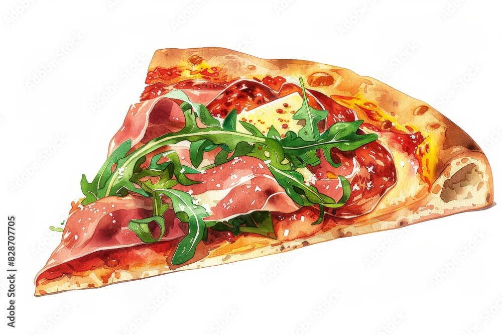A cartoon depiction of a pizza slice with arugula, prosciutto, and Parmesan, capturing the essence of gourmet dining, selective focus, Decadence theme, vibrant, Fusion, isolated white background A cartoon depiction of a pizza slice with arugula, prosciutto, and Parmesan, capturing the essence of gourmet dining, selective focus, Decadence theme, vibrant, Fusion, isolated white background