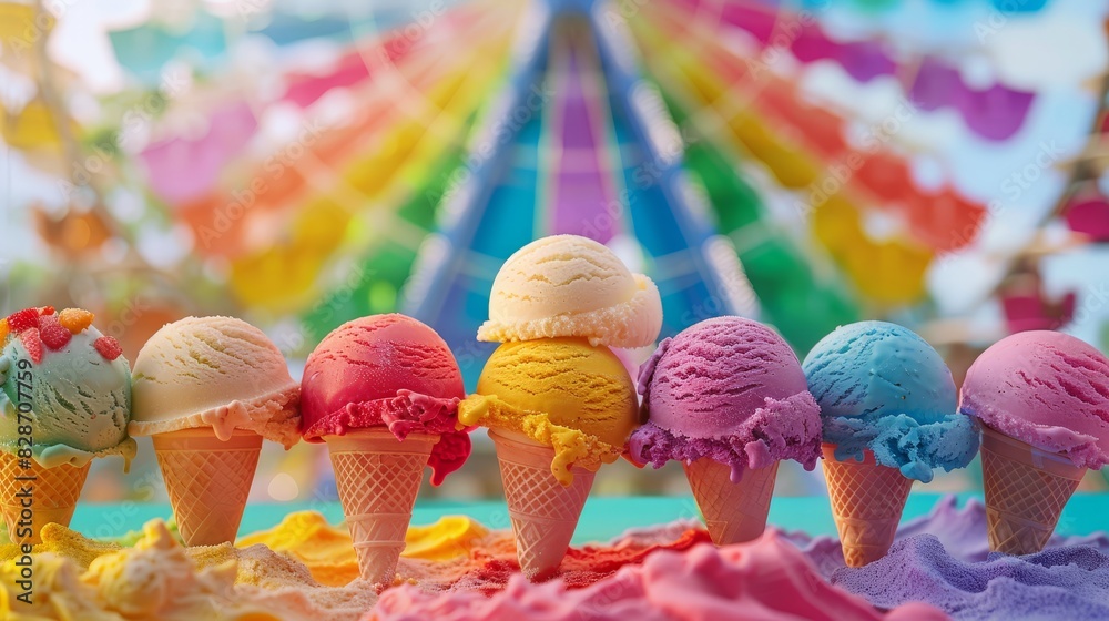 Obraz premium A colorful selection of rainbow ice cream scoops, highlighting a delicious mix of flavors and taste (selective focus, carnival fun, vibrant, composite) with a Ferris wheel backdrop
