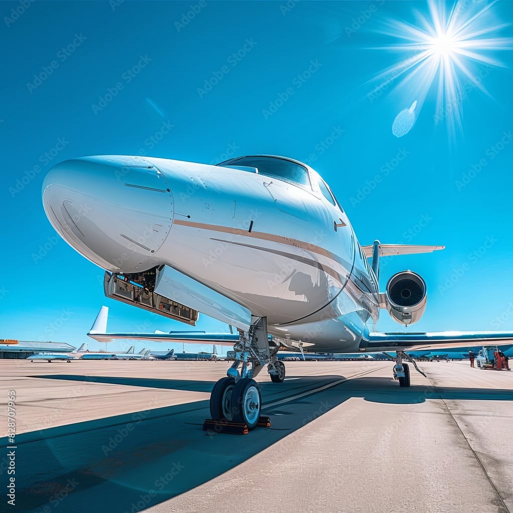 Obraz premium A sleek private jet sits on the runway, ready to take off into the clear blue sky
