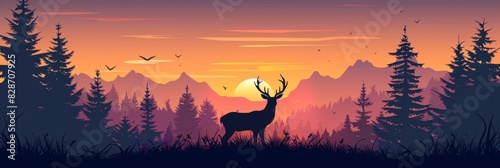 An vector illustration of two deer in the forest, with mountains and trees in the background photo
