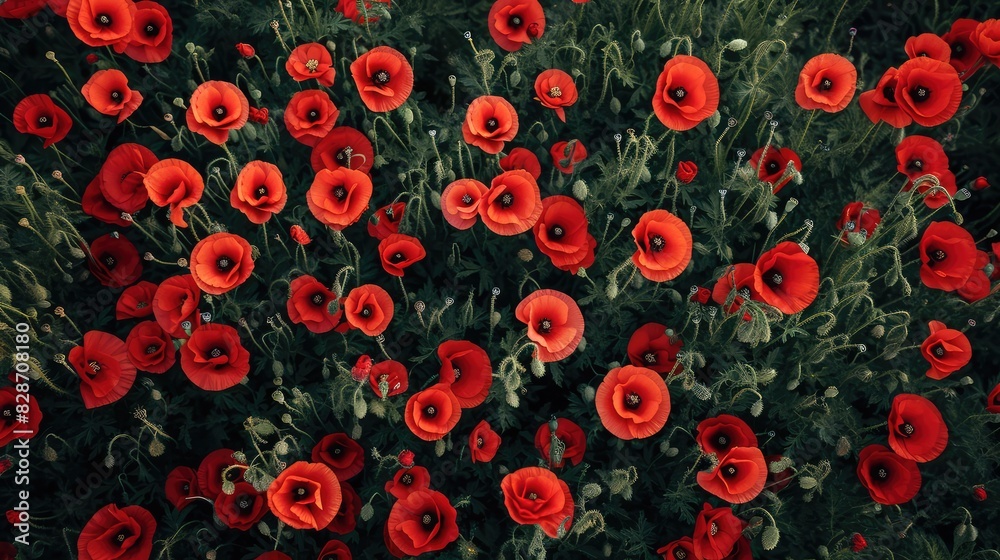 Background of red poppies. View from above. AI generative. Background of red poppies. View from above. AI generative.