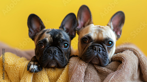 Pet duo in a towel after washing  vibrant background  copy space