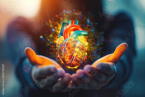 Science of the cardiovascular health, close up, focus on, vivid hues, double exposure silhouette with heart function photo