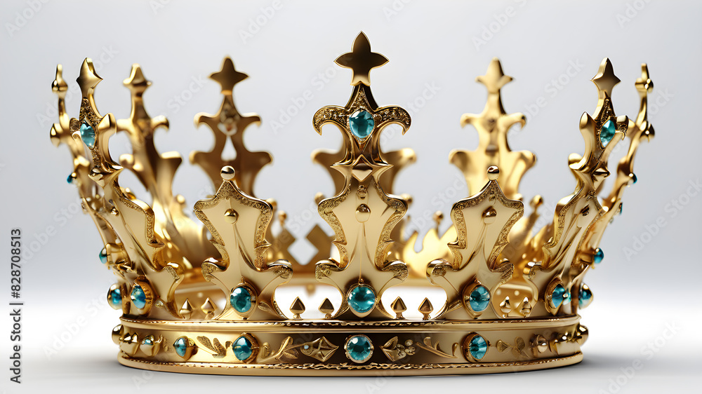 Golden crown, raised, opulent, massive, playful, many details, tapering, medieval, against a white background, Generative AI Golden crown, raised, opulent, massive, playful, many details, tapering, medieval, against a white background, Generative AI