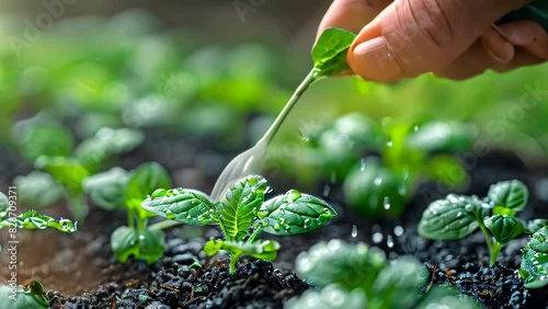 a farmer's hand carefully watering a young plant, symbolizing the beginning of the journey to growth and harvest. This touching image reflects dedication and hard work in agriculture, fostering a conn photo