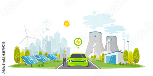 Caring for the environment and using clean green energy from renewable energy sources low carbon concept, Technology for a sustainable environment, Power generation system industry on city background.