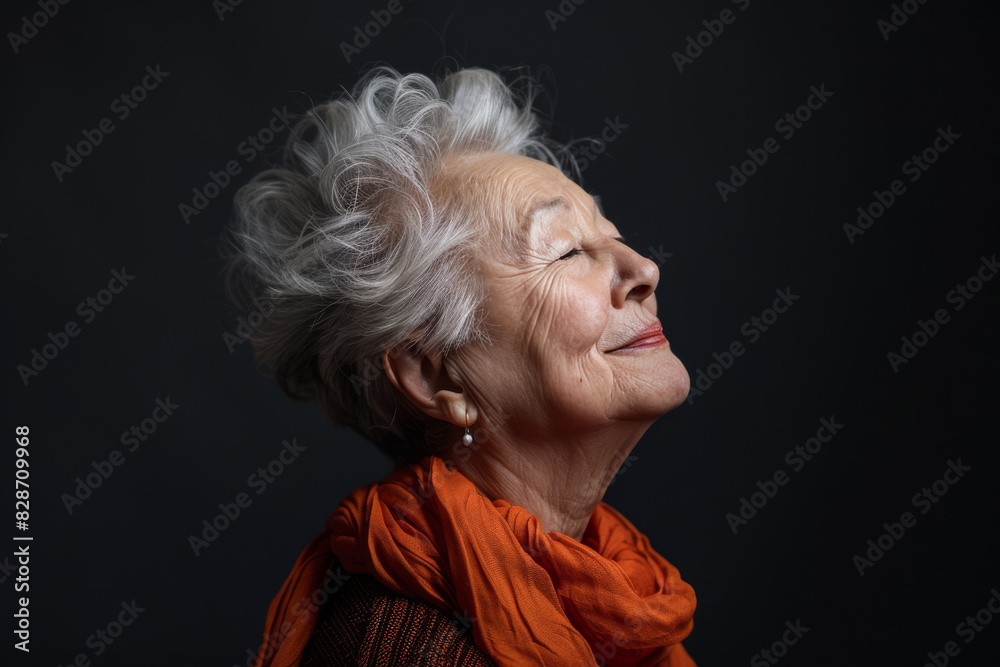 A close up of a woman's face with her eyes closed looking to a side A close up of a woman's face with her eyes closed looking to a side