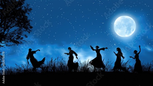 Spooky ghostly figures dancing in the moonlight against a midnight blue sky.