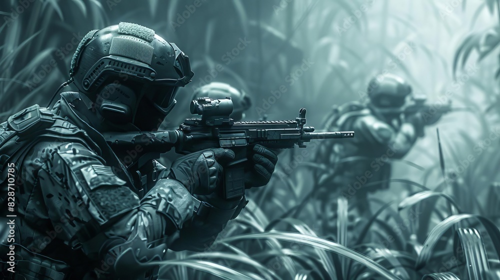 Soldiers hunting an enemy hiding in a dense jungle, side view, intense military operation, robotic tone, Monochromatic color scheme Soldiers hunting an enemy hiding in a dense jungle, side view, intense military operation, robotic tone, Monochromatic color scheme