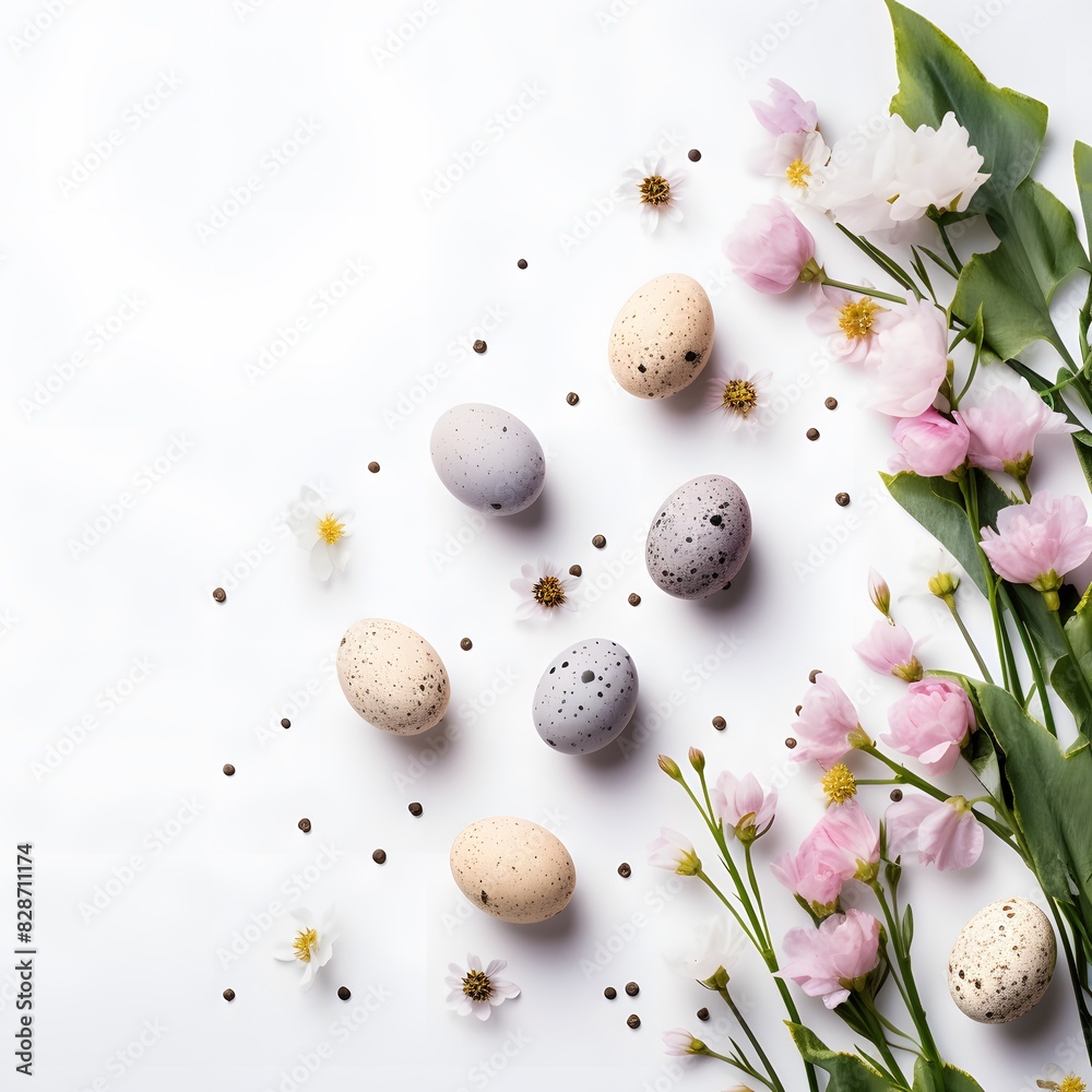 Easter background with colored eggs and flowers on white background. Generative AI. Easter background with colored eggs and flowers on white background. Generative AI.