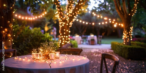 Sparkling fairy lights creating a magical ambiance in a garden setting for a romantic evening celebration.