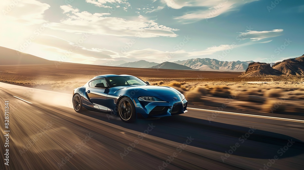 A blue sports car drives on a desert road with mountains in the background. The sun shines brightly overhead. A blue sports car drives on a desert road with mountains in the background. The sun shines brightly overhead.