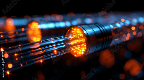 Fiber optics network cable. Background of blue and green circles with binary code. Telecommunications background. 3D illustration