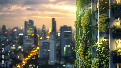 A lush green wall covers a modern building in a city skyline at sunset.  The concept of urban green spaces and sustainable living. photo