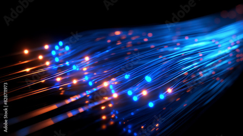Fiber optics network cable. Background of blue and green circles with binary code. Telecommunications background. 3D illustration