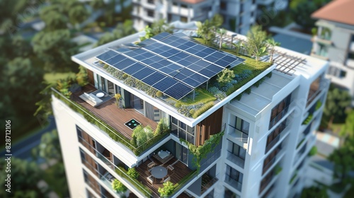 A modern apartment building with a green roof and solar panels, showcasing sustainable living.