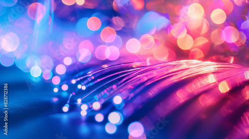 Fiber optics network cable. Background of blue and green circles with binary code. Telecommunications background. 3D illustration