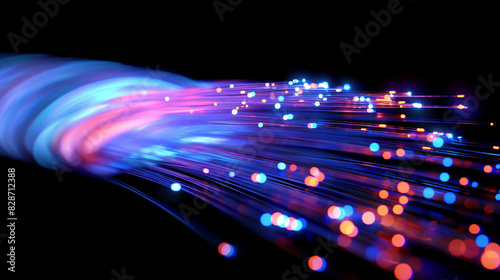 Fiber optics network cable. Background of blue and green circles with binary code. Telecommunications background. 3D illustration