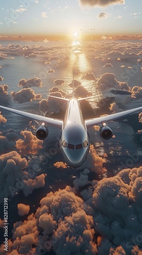 a commercial boeing airplace travelling above the clouds during the sunset photo