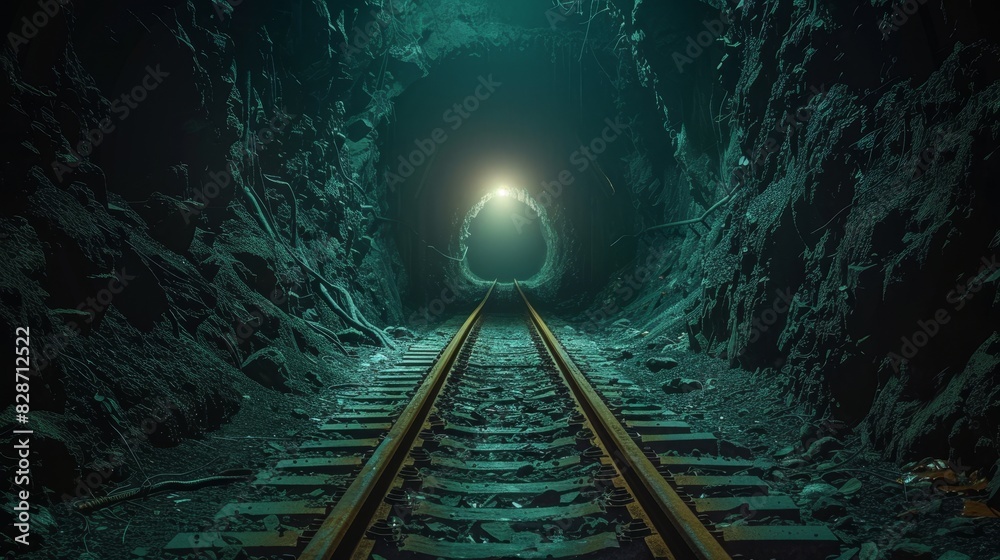 Naklejka premium Train track entering the mouth of a dark underground tunnel, deep shadows and faint glows from far within