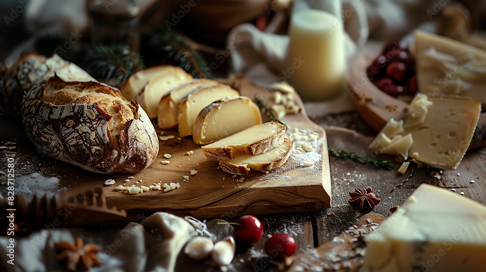 A rustic wooden board with sliced bread, cheese, and berries. The food is arranged in a visually appealing and inviting way. A rustic wooden board with sliced bread, cheese, and berries. The food is arranged in a visually appealing and inviting way.