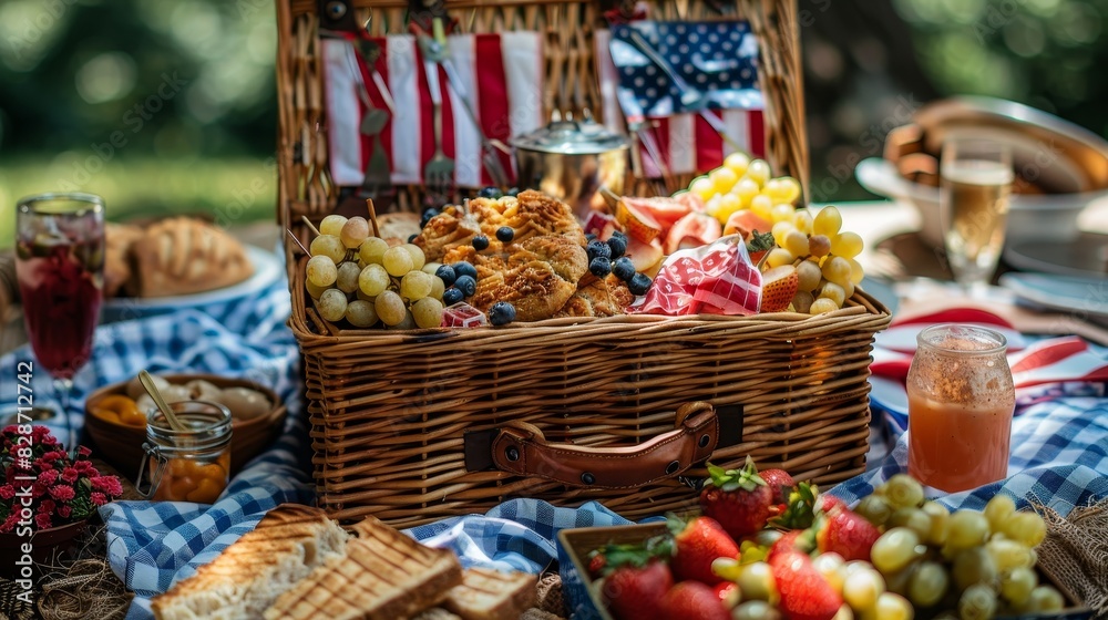Traditional picnic basket filled with patriotic-themed food items, American flag napkins and decor, July 4th celebration Traditional picnic basket filled with patriotic-themed food items, American flag napkins and decor, July 4th celebration