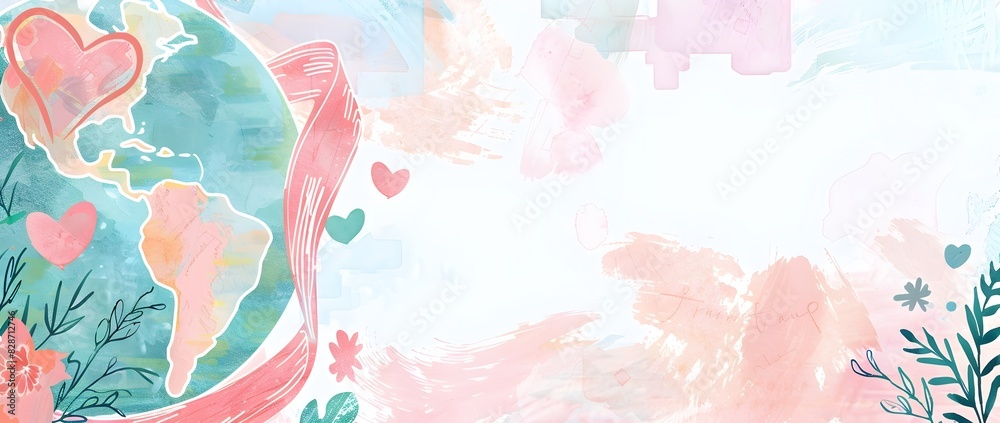 Fototapeta premium Doodle Page Print Border Design with Blank Space for Mockup Message Minimalist Soft Pastel Ribbon Globe and Heart Hand in Delicate Watercolor Wash