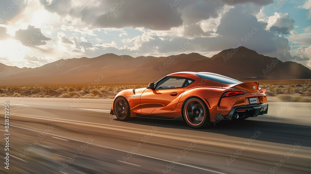 A sleek orange sports car speeds down a desert highway, leaving a trail of dust in its wake, with majestic mountains and a vibrant sunset in the background.